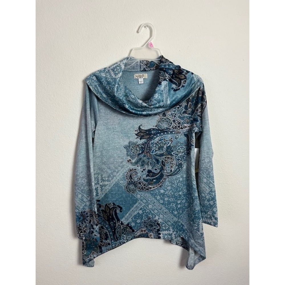 New One World Small Paisley‎ Cowl Neck Long Sleeve Asymmetrical Top Boho Grunge